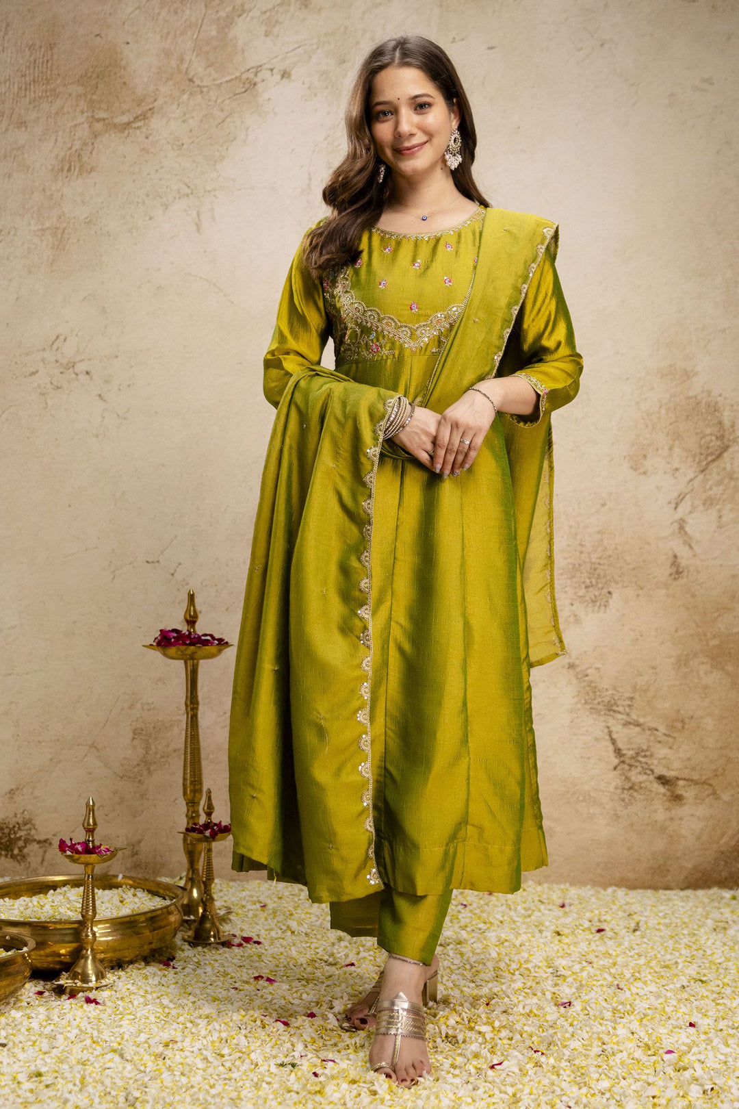 Green Color Sober Art Silk Readymade Salwar Suit