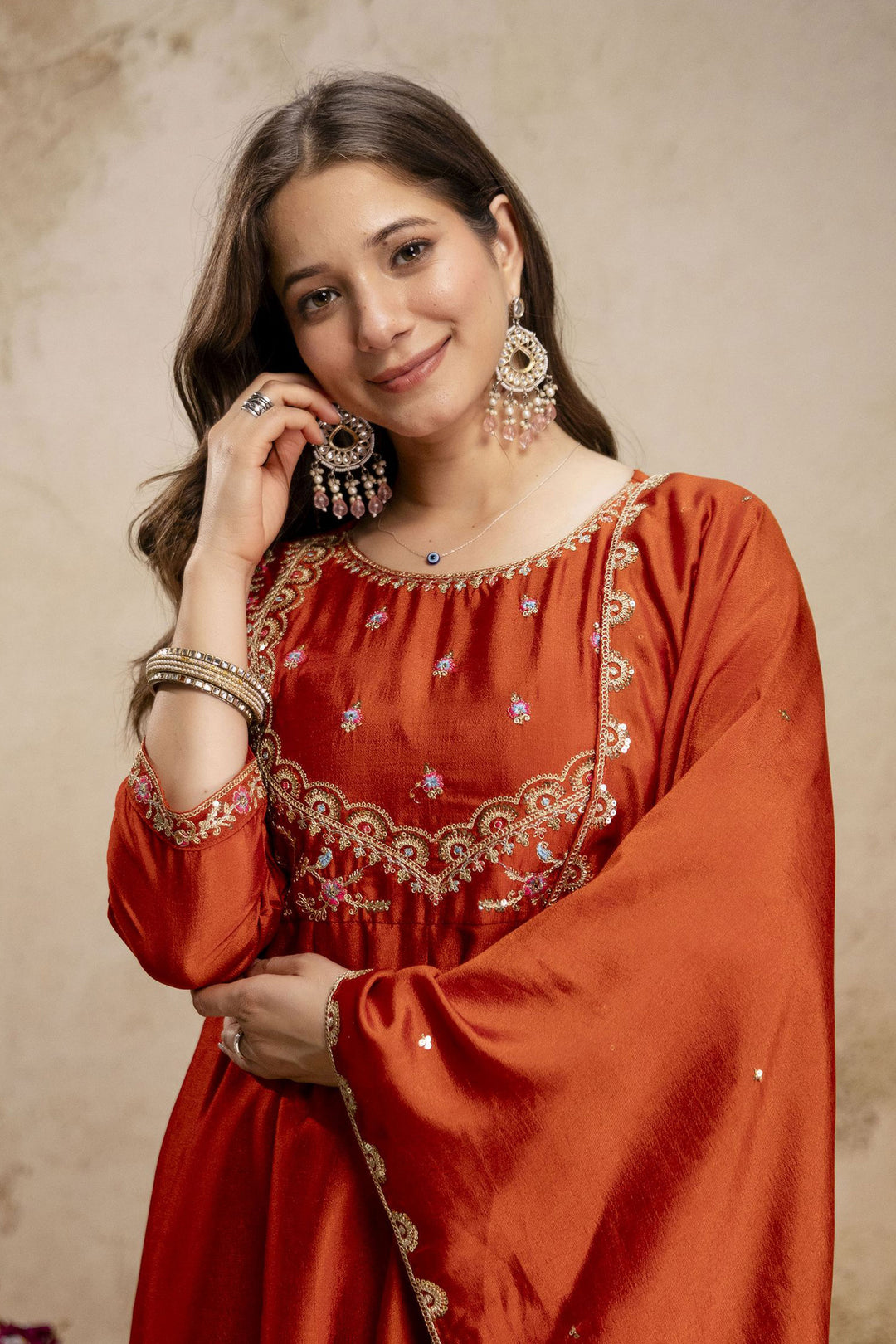 Orange Color Art Silk Stunning Readymade Salwar Suit