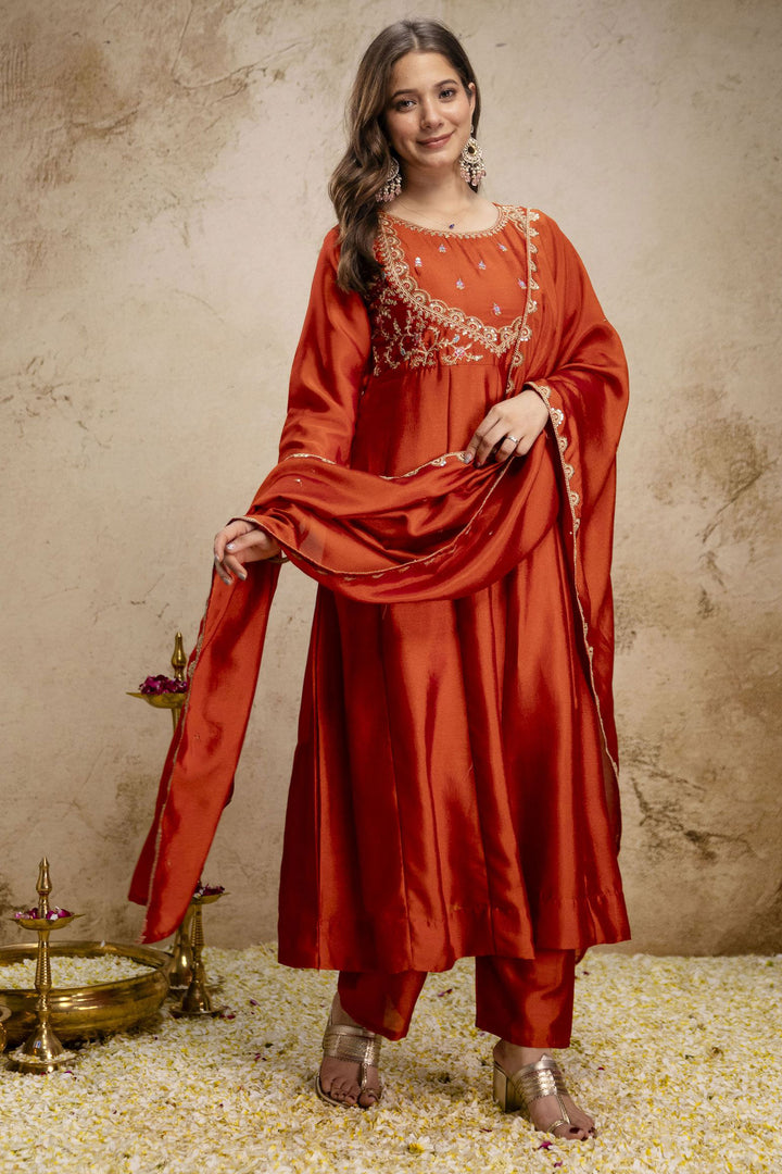Orange Color Art Silk Stunning Readymade Salwar Suit