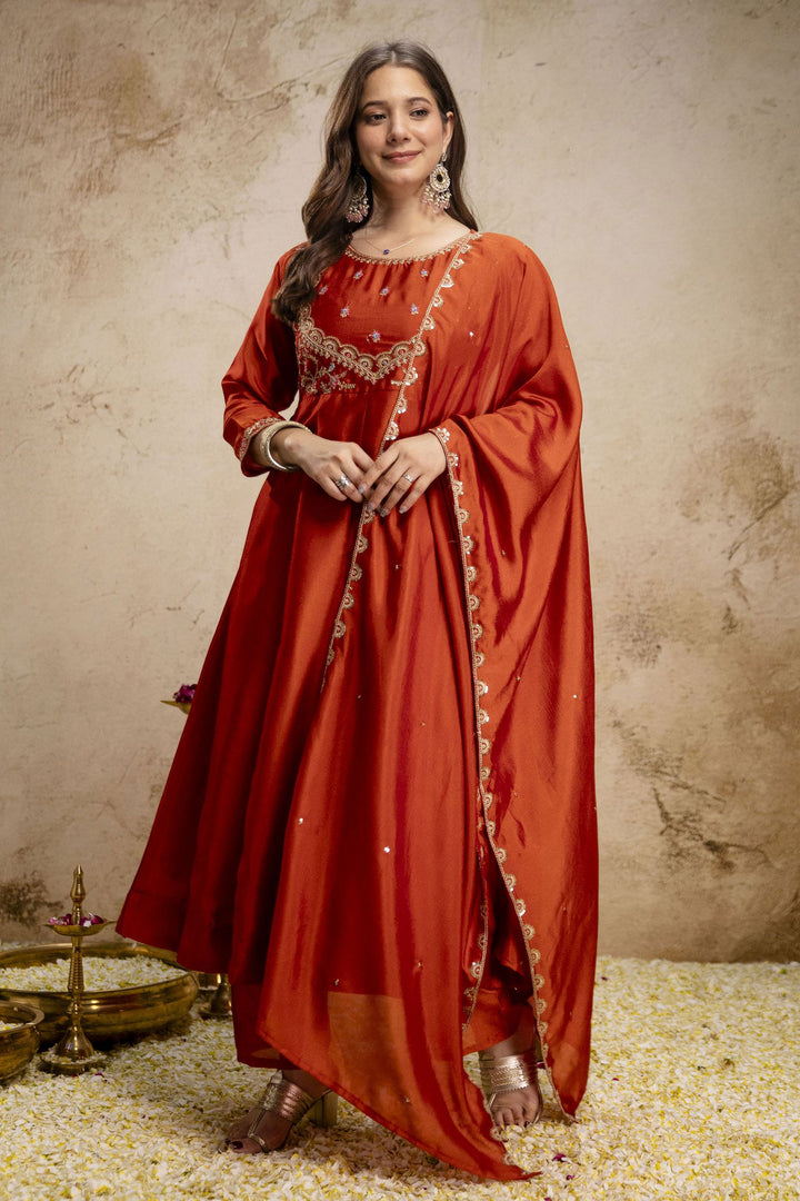 Orange Color Art Silk Stunning Readymade Salwar Suit