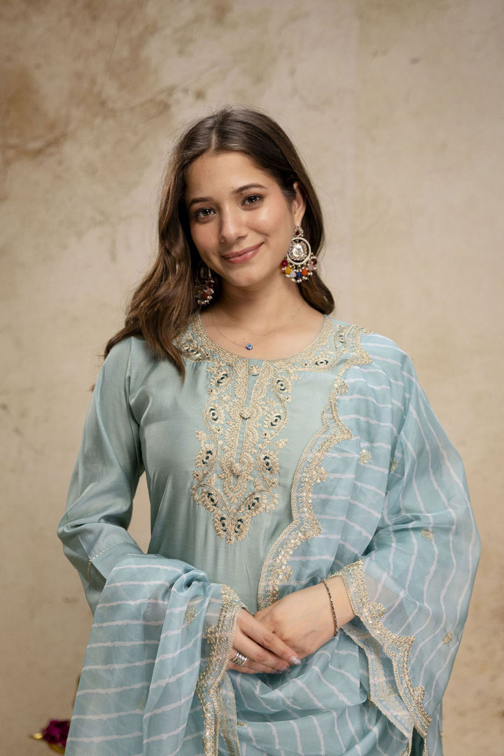 Beguiling Cyan Color Art Silk Readymade Salwar Suit