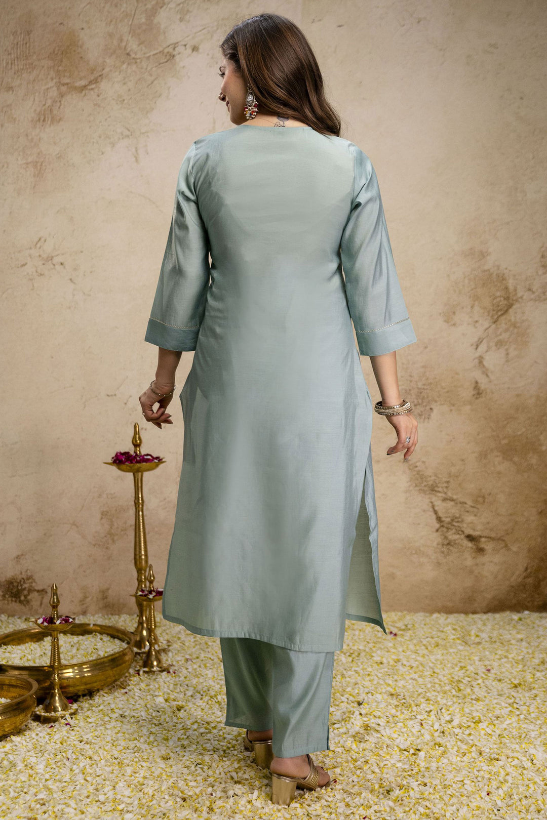 Beguiling Cyan Color Art Silk Readymade Salwar Suit