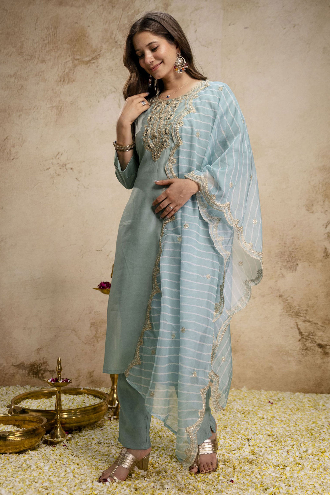 Beguiling Cyan Color Art Silk Readymade Salwar Suit