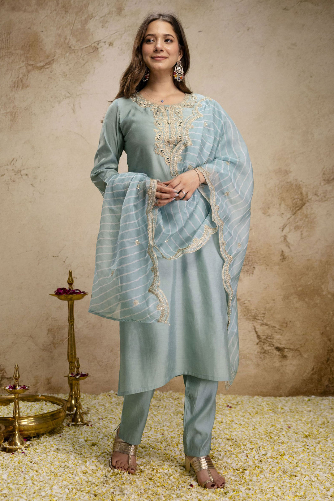 Beguiling Cyan Color Art Silk Readymade Salwar Suit