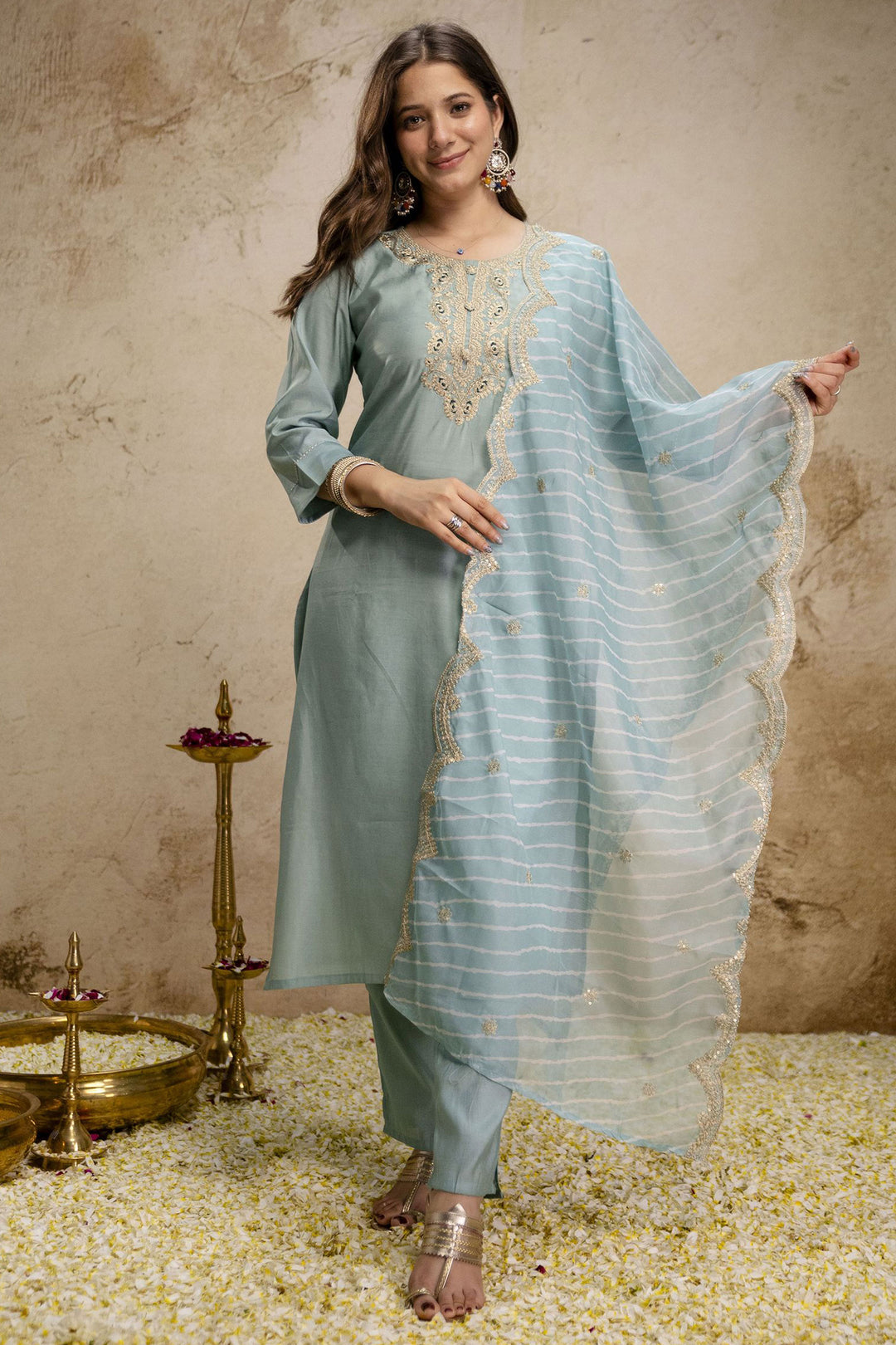 Beguiling Cyan Color Art Silk Readymade Salwar Suit