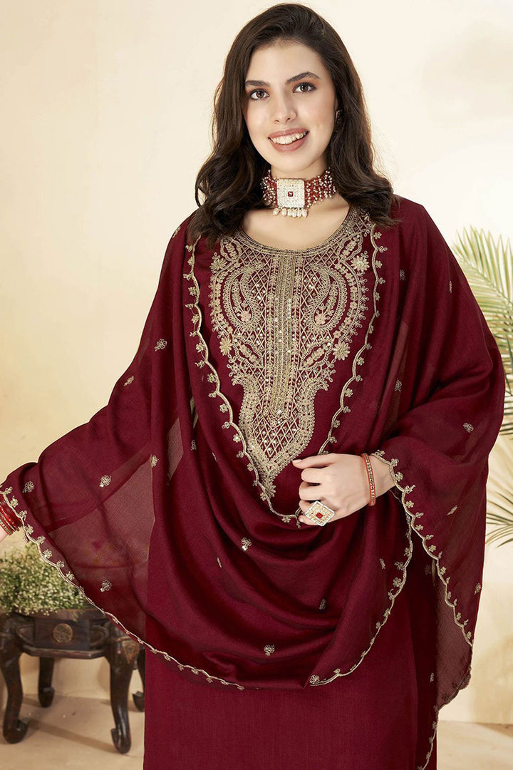 Tempting Art Silk Maroon Color Readymade Salwar Suit