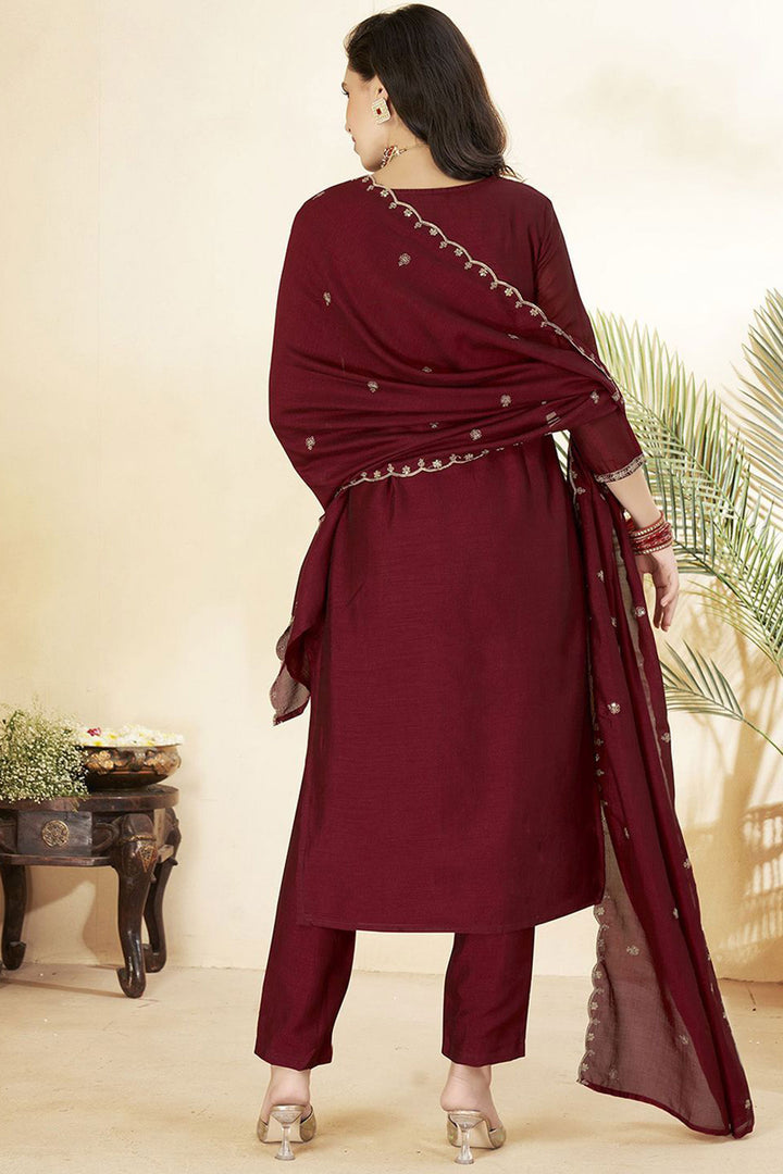Tempting Art Silk Maroon Color Readymade Salwar Suit