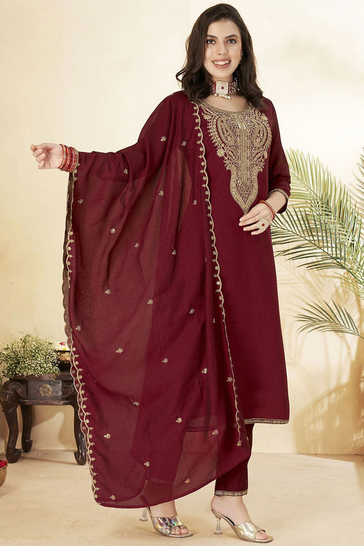 Tempting Art Silk Maroon Color Readymade Salwar Suit