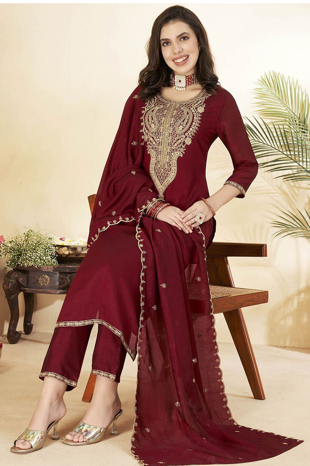Tempting Art Silk Maroon Color Readymade Salwar Suit