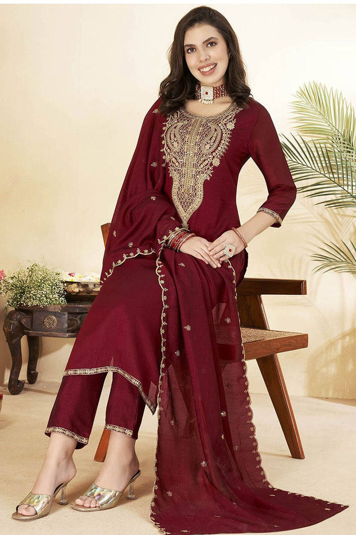 Tempting Art Silk Maroon Color Readymade Salwar Suit
