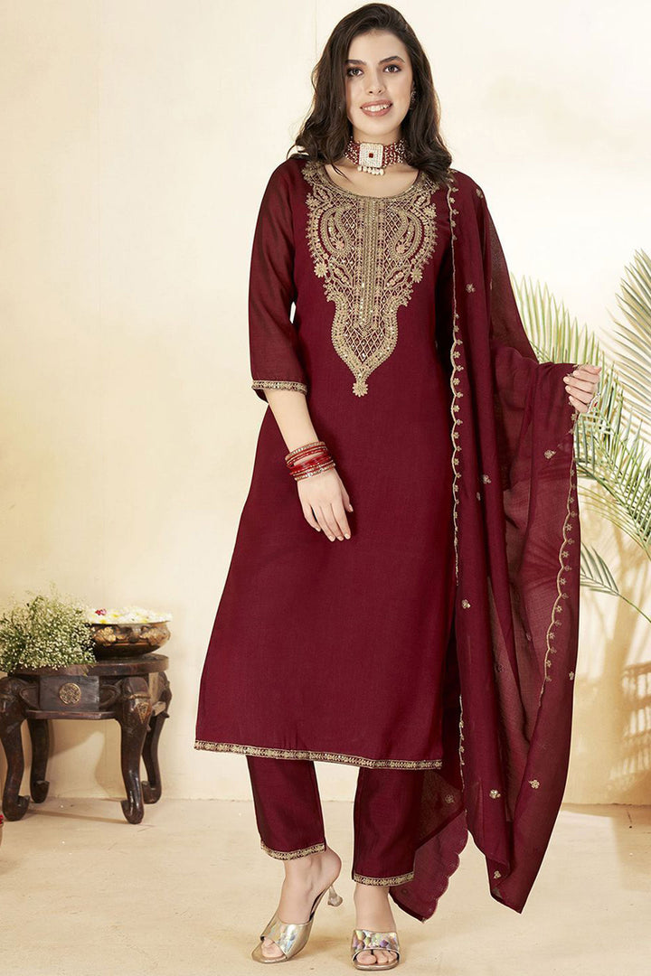 Tempting Art Silk Maroon Color Readymade Salwar Suit