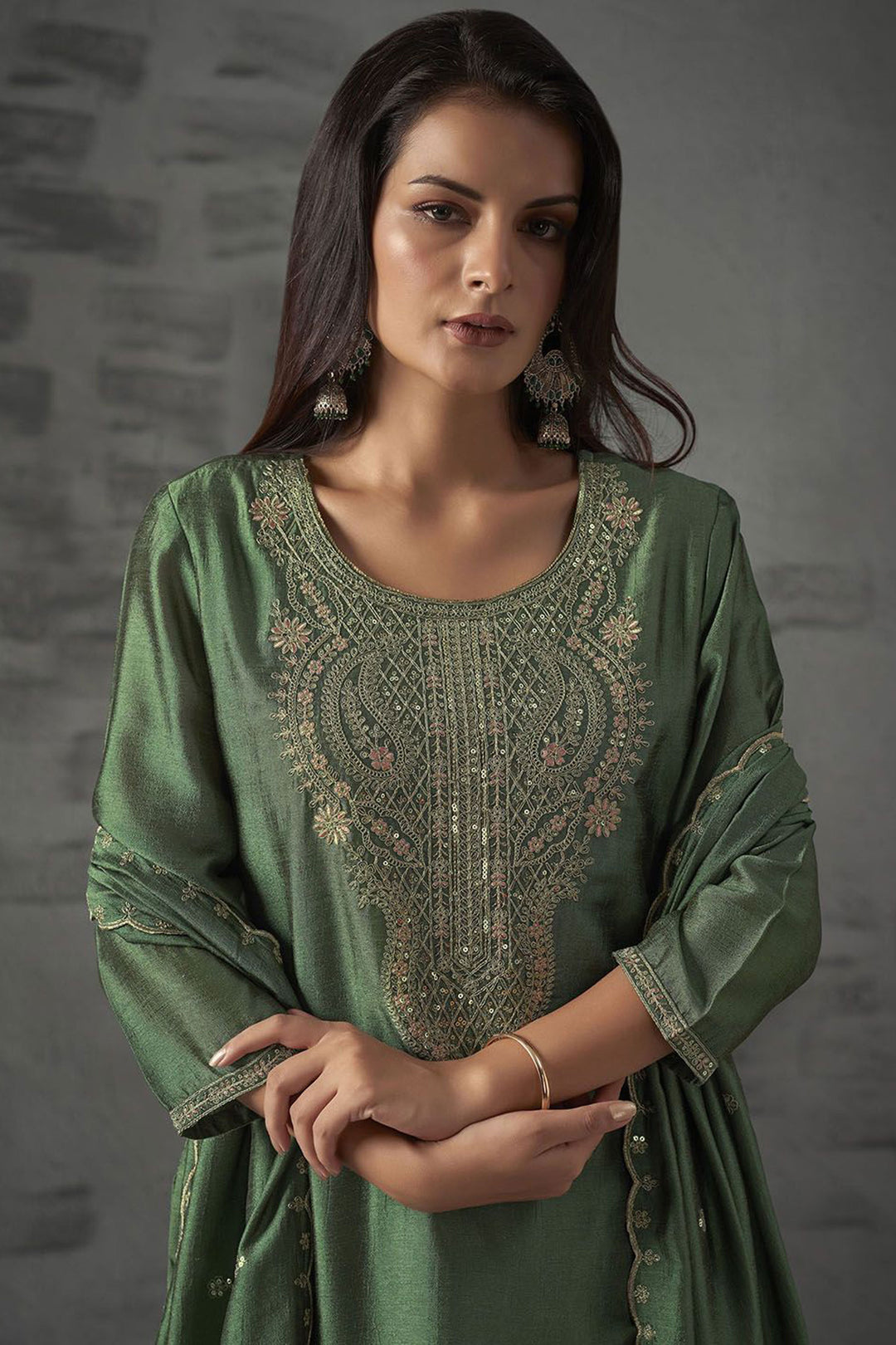 Engaging Sea Green Color Art Silk Readymade Salwar Suit