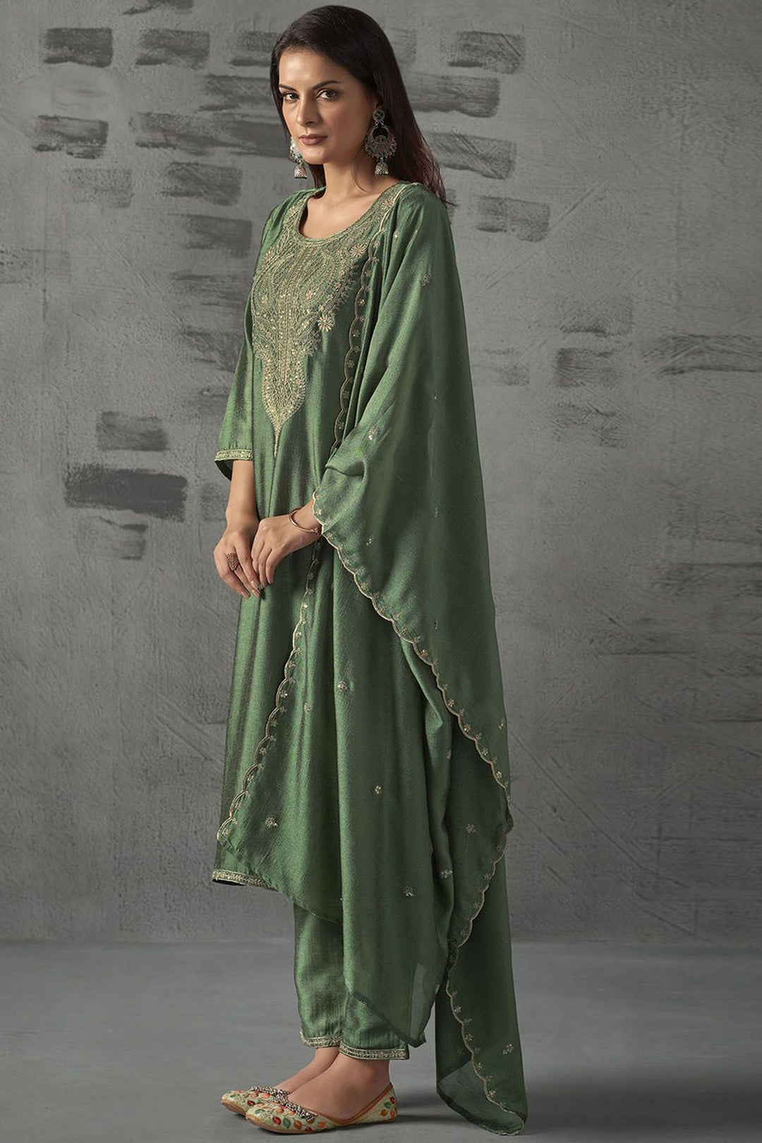 Engaging Sea Green Color Art Silk Readymade Salwar Suit
