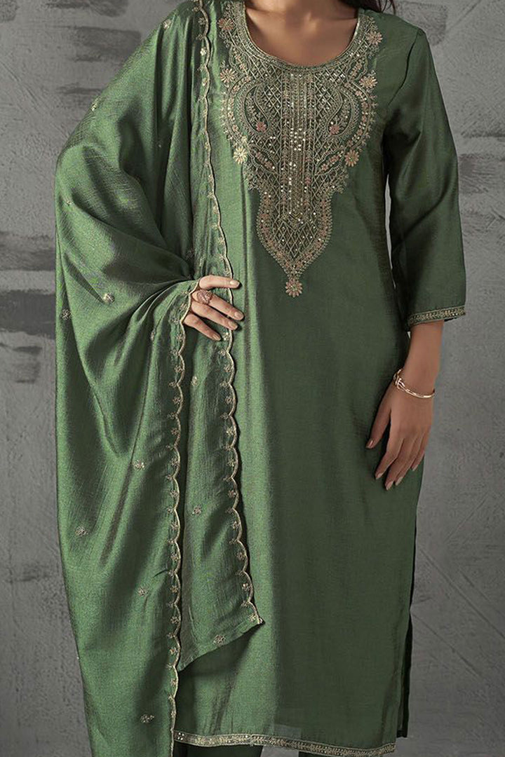 Engaging Sea Green Color Art Silk Readymade Salwar Suit