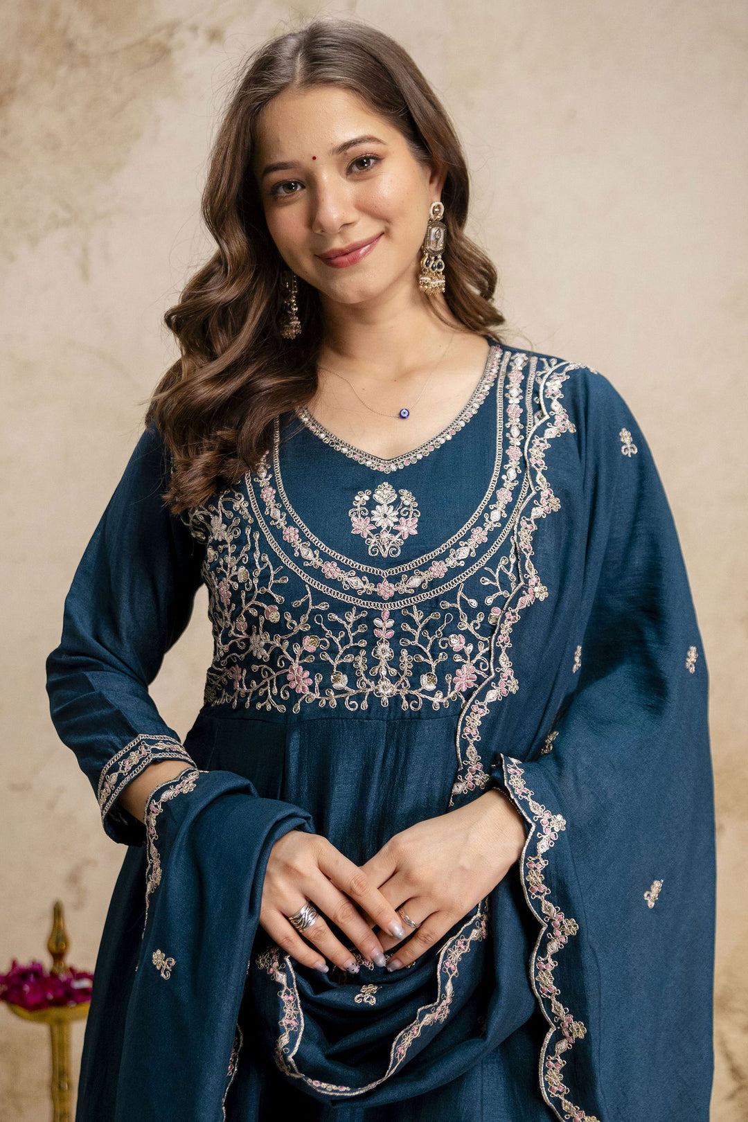 Amazing Teal Color Art Silk Readymade Salwar Suit