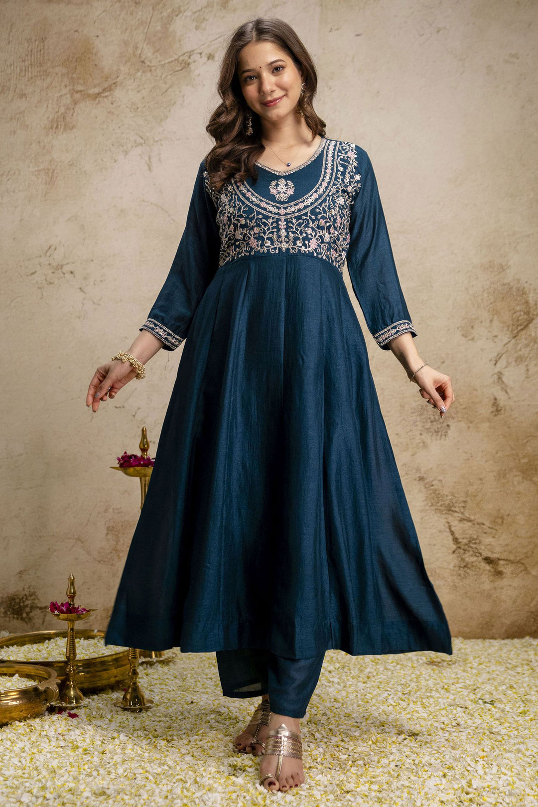 Amazing Teal Color Art Silk Readymade Salwar Suit