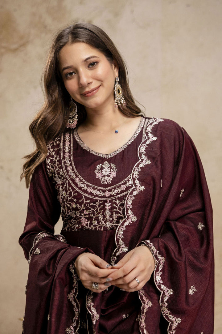 Trendy Art Silk Brown Color Readymade Salwar Suit