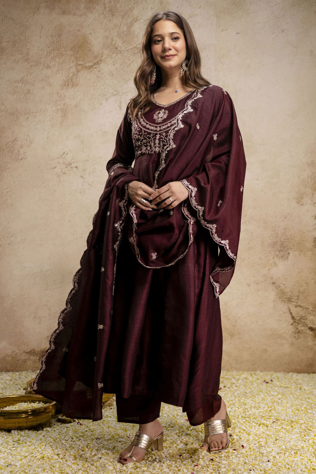 Trendy Art Silk Brown Color Readymade Salwar Suit