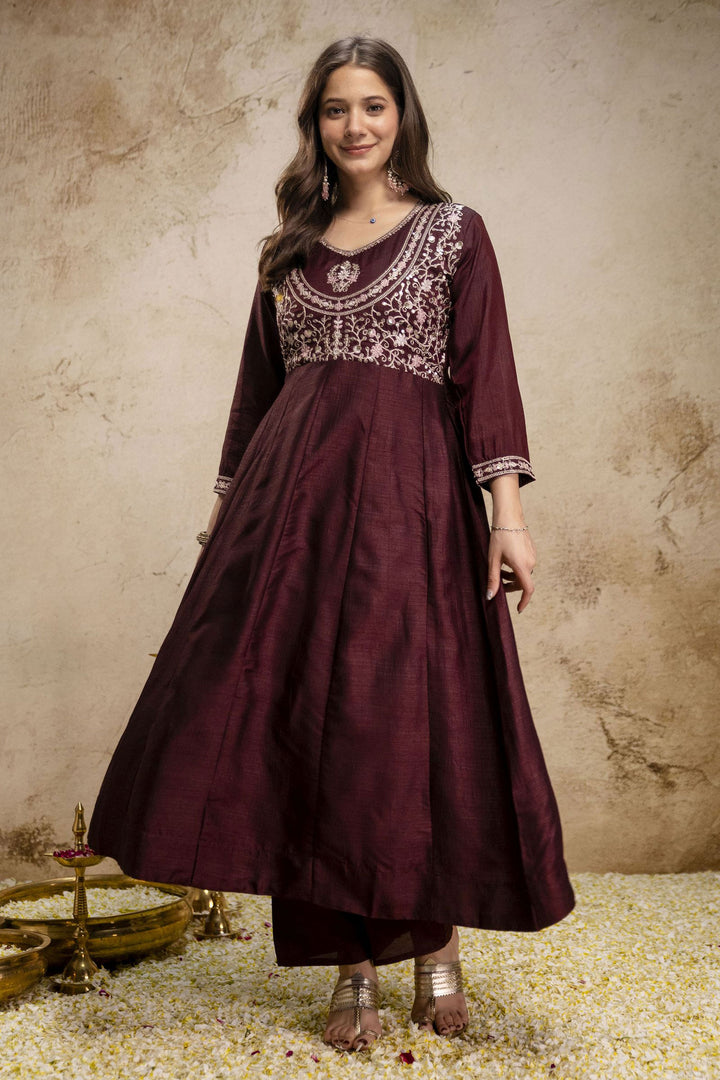 Trendy Art Silk Brown Color Readymade Salwar Suit
