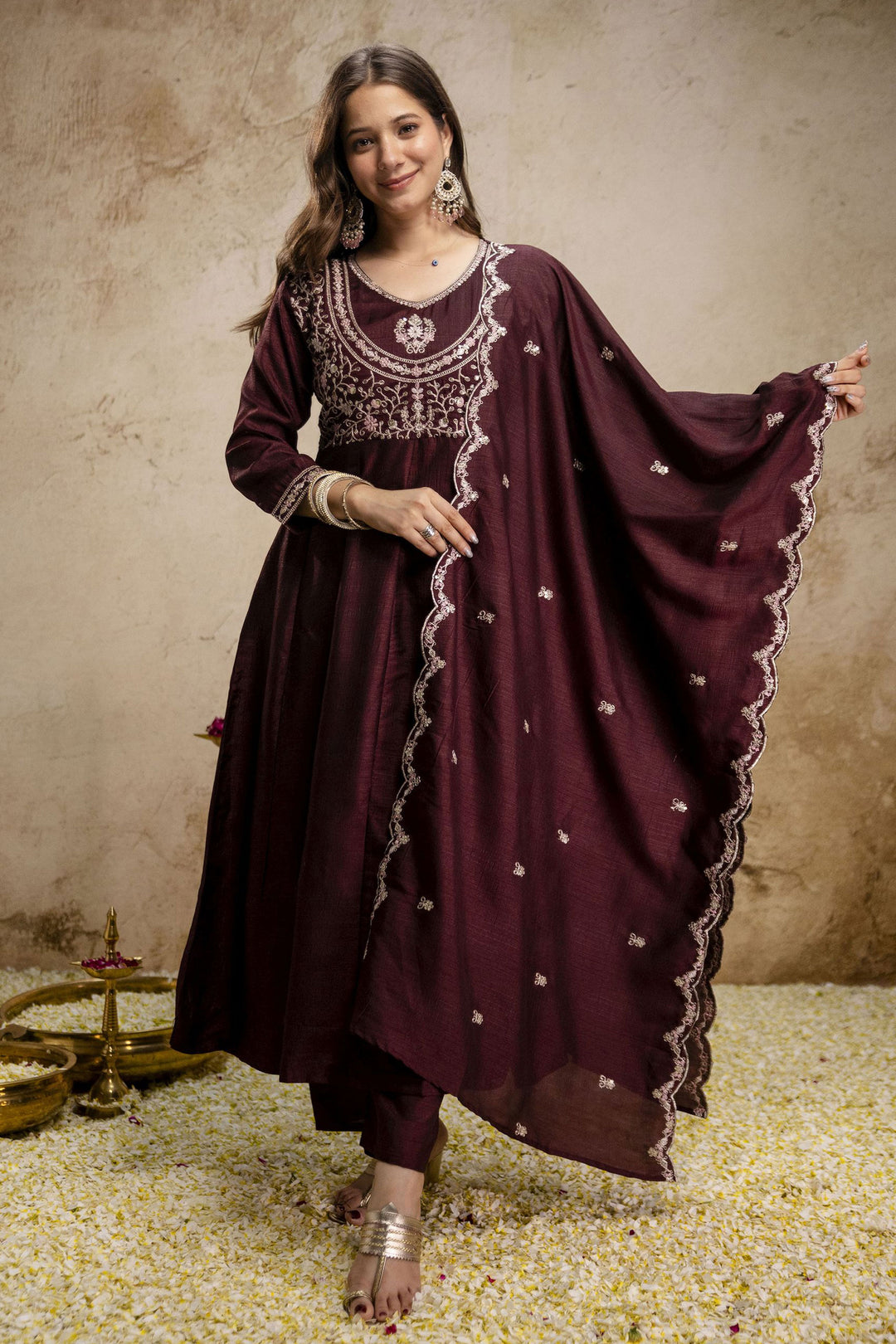 Trendy Art Silk Brown Color Readymade Salwar Suit