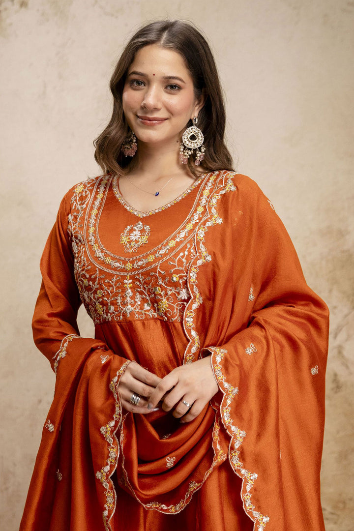 Soothing Orange Color Art Silk Readymade Salwar Suit
