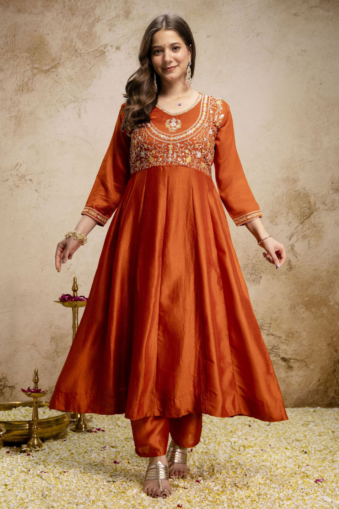 Soothing Orange Color Art Silk Readymade Salwar Suit