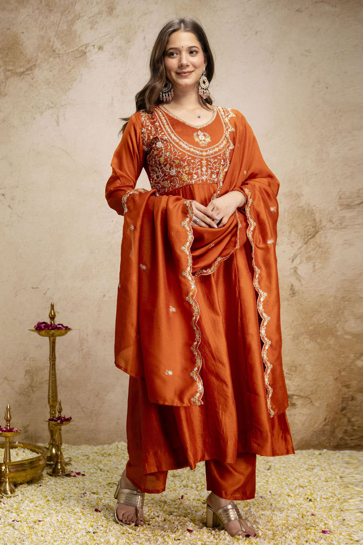 Soothing Orange Color Art Silk Readymade Salwar Suit