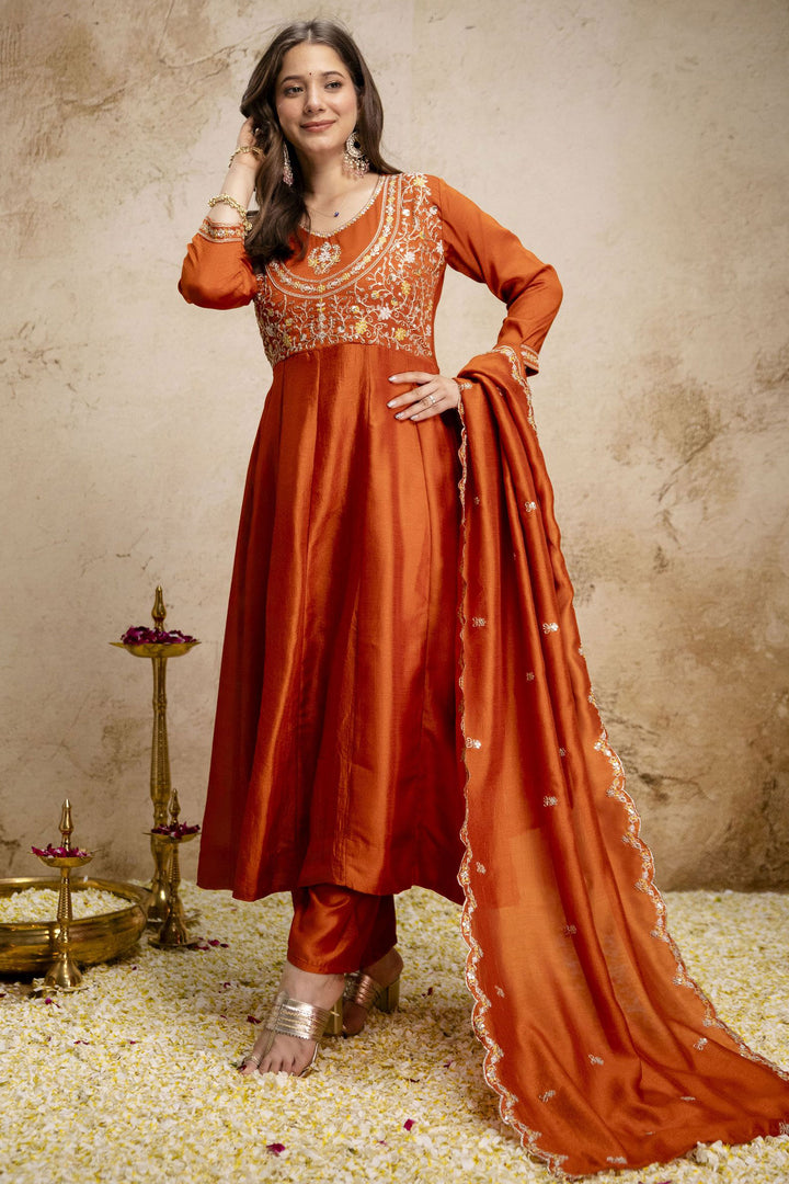 Soothing Orange Color Art Silk Readymade Salwar Suit