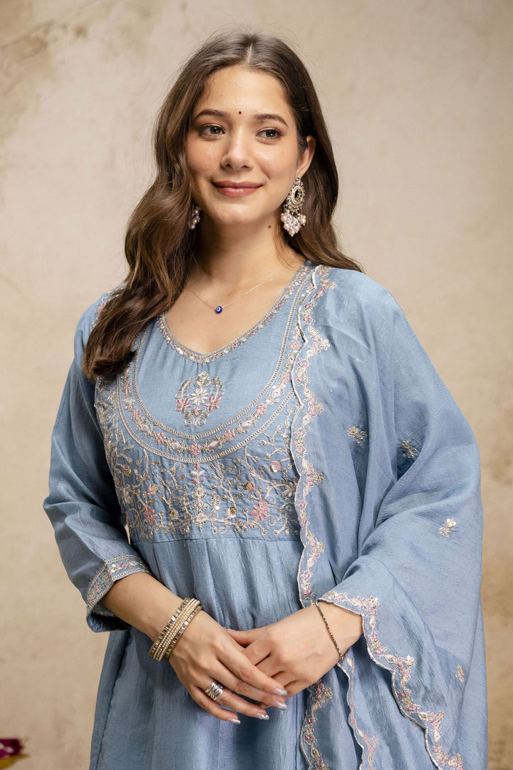 Art Silk Sky Blue Color Gorgeous Readymade Salwar Suit