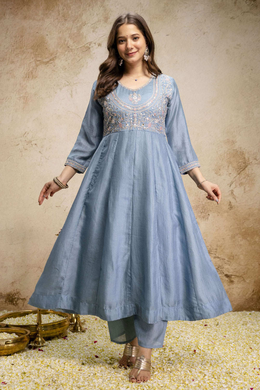 Art Silk Sky Blue Color Gorgeous Readymade Salwar Suit