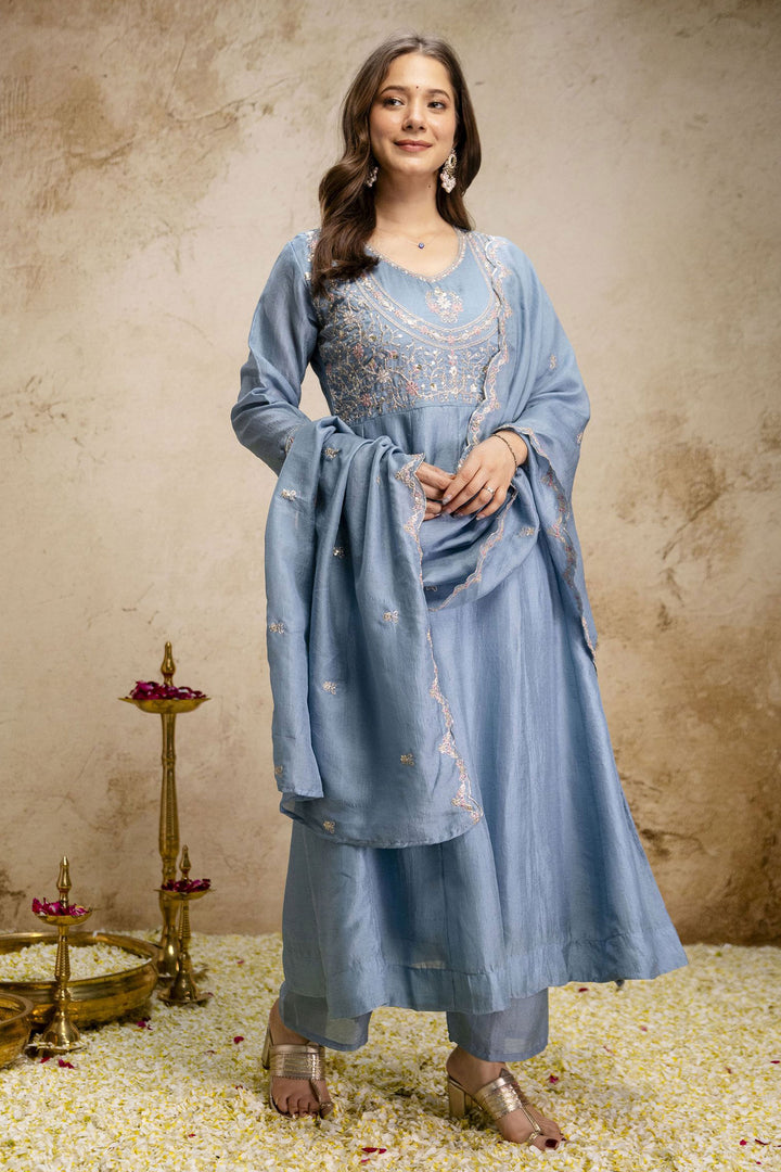 Art Silk Sky Blue Color Gorgeous Readymade Salwar Suit