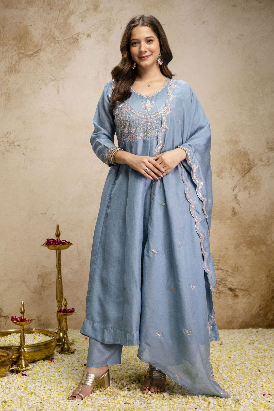 Art Silk Sky Blue Color Gorgeous Readymade Salwar Suit