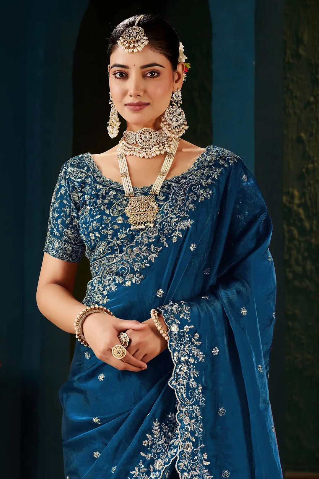 Trendy Blue Color Satin Saree With Embroidered Work