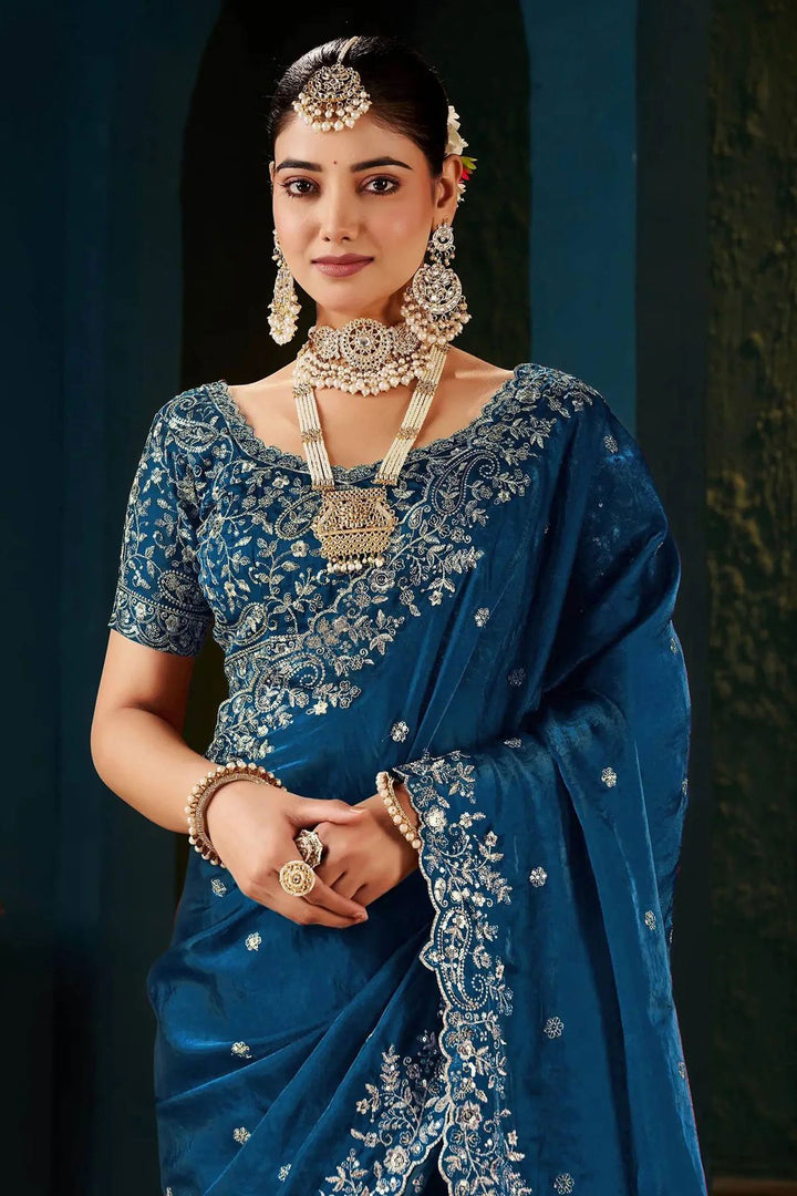Trendy Blue Color Satin Saree With Embroidered Work