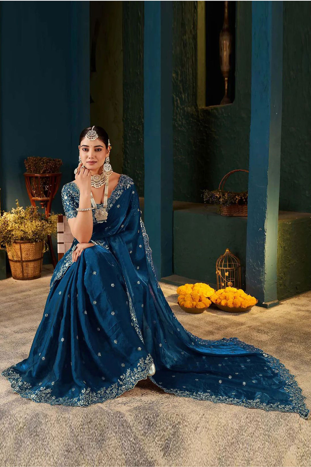 Trendy Blue Color Satin Saree With Embroidered Work