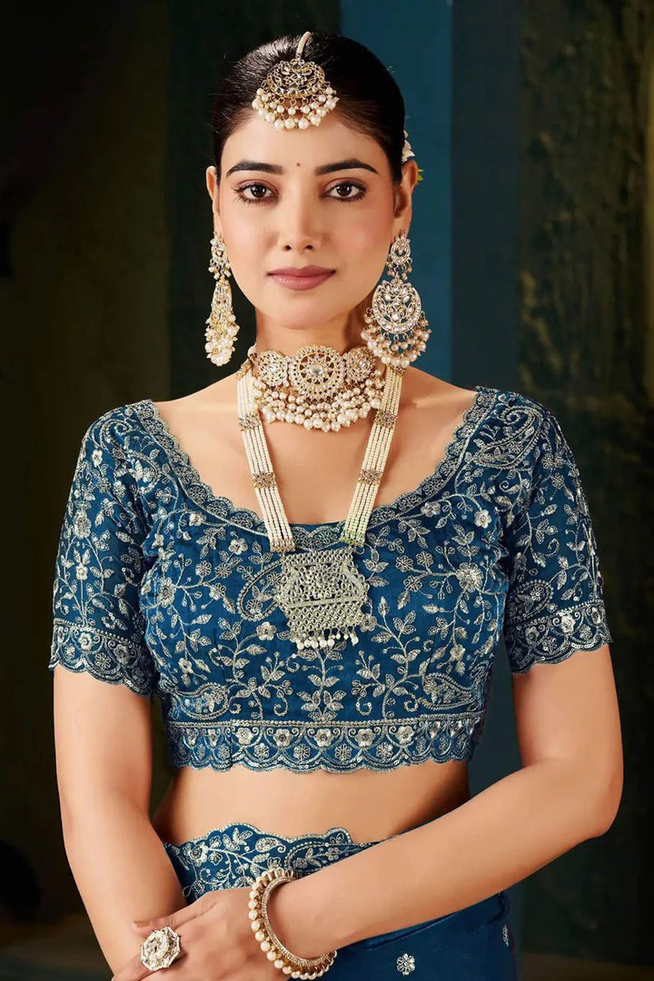 Trendy Blue Color Satin Saree With Embroidered Work