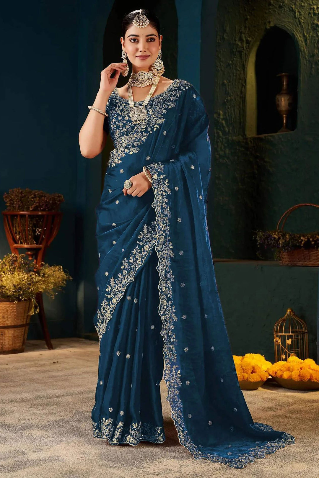 Trendy Blue Color Satin Saree With Embroidered Work
