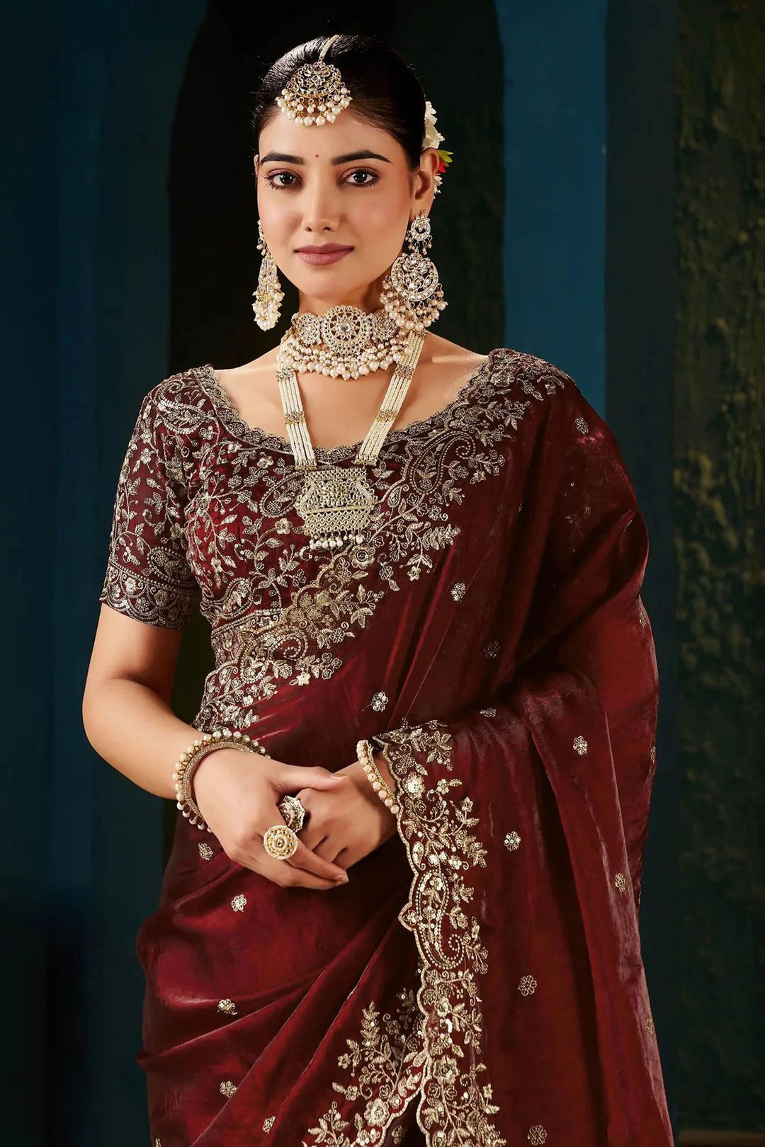 Maroon Color Exquisite Embroidered Satin Saree