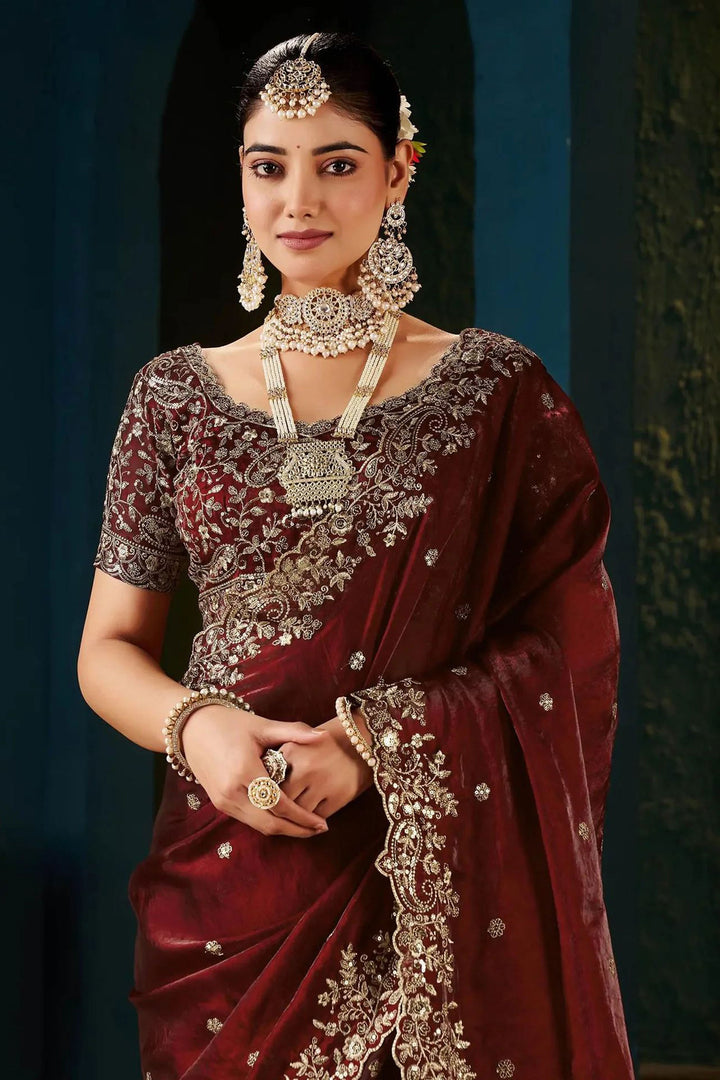 Maroon Color Exquisite Embroidered Satin Saree