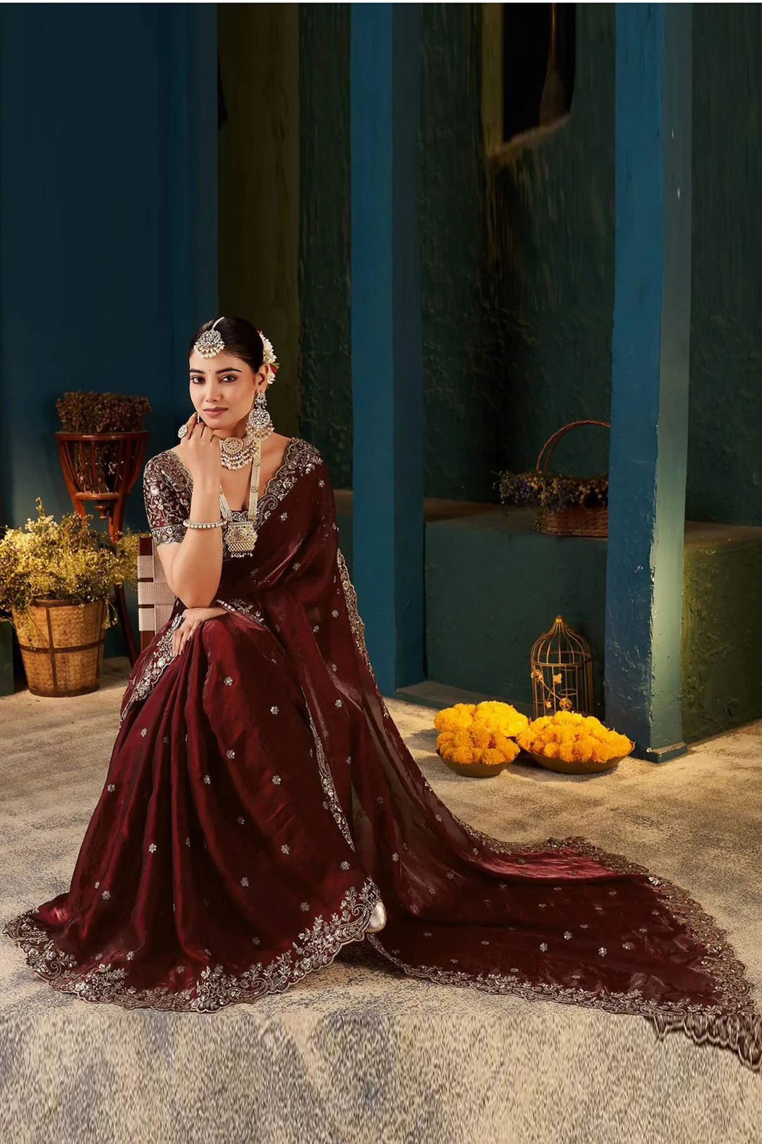 Maroon Color Exquisite Embroidered Satin Saree