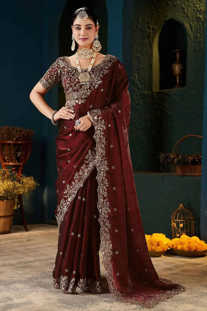 Maroon Color Exquisite Embroidered Satin Saree