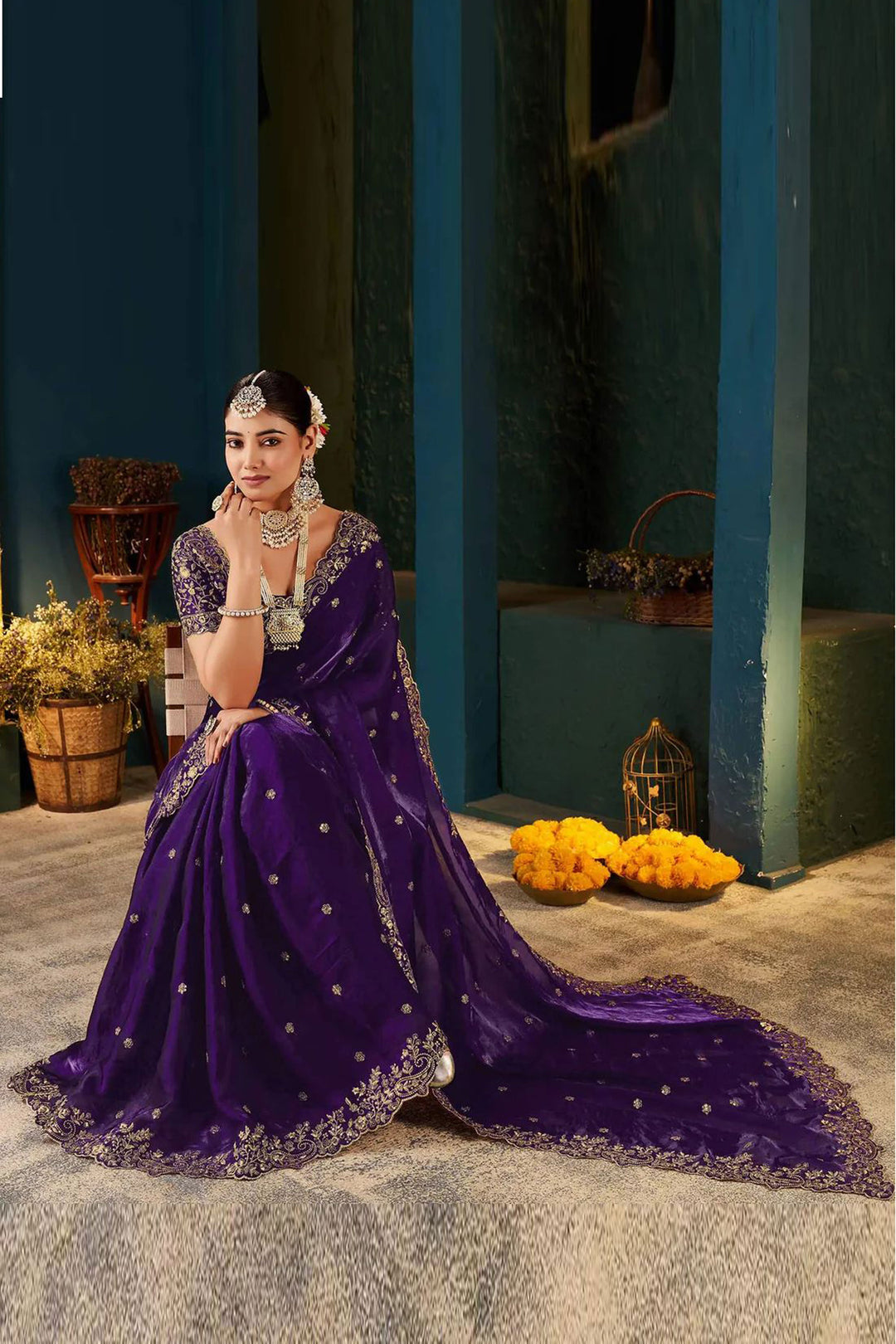 Attrective Purple Color Satin Saree With Embroidered Work