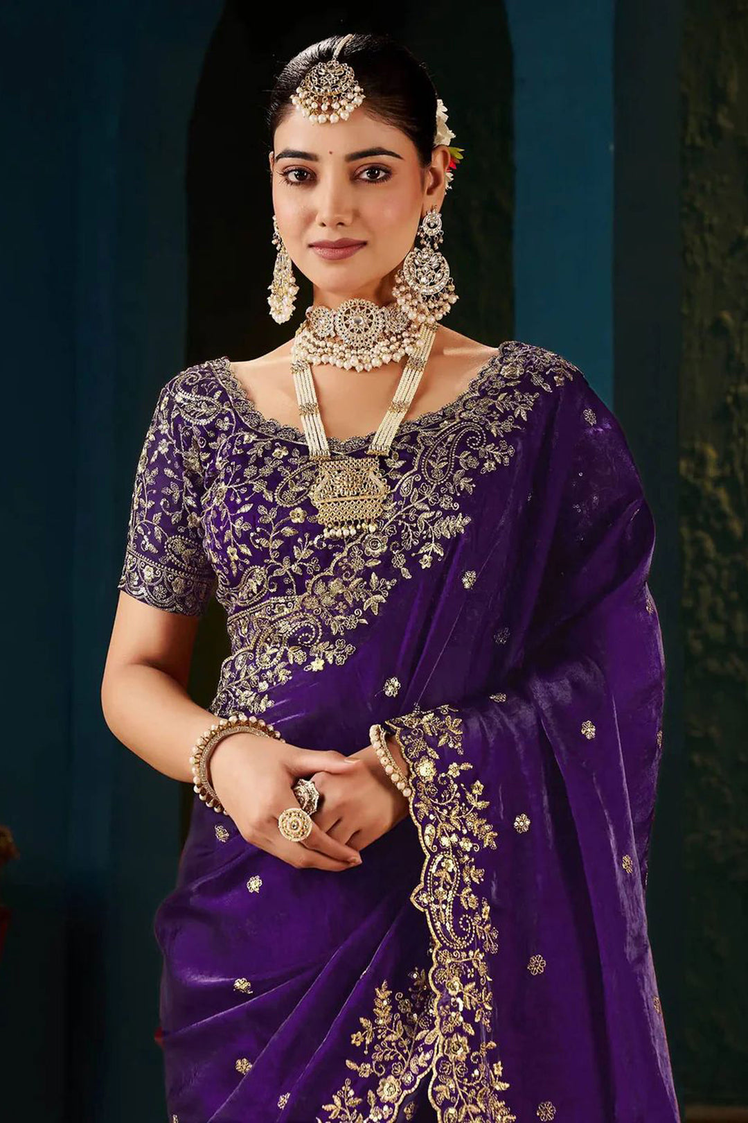 Attrective Purple Color Satin Saree With Embroidered Work