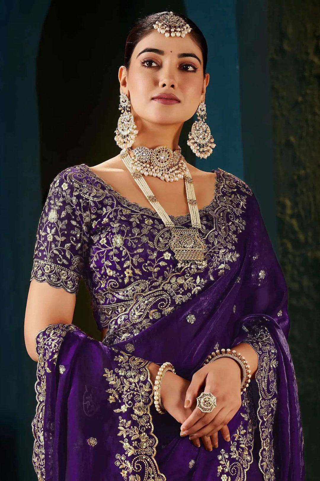 Attrective Purple Color Satin Saree With Embroidered Work
