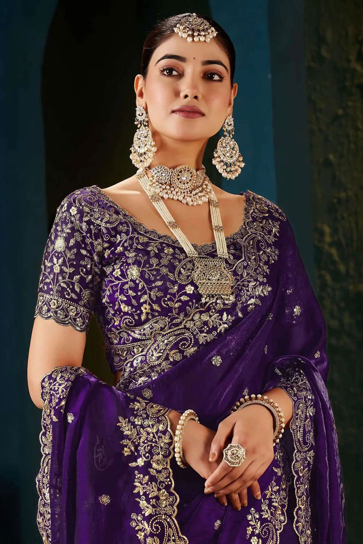 Attrective Purple Color Satin Saree With Embroidered Work
