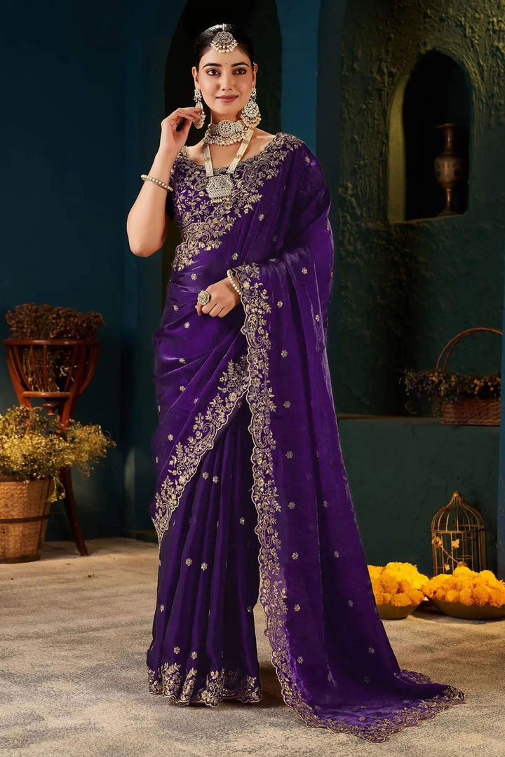 Attrective Purple Color Satin Saree With Embroidered Work