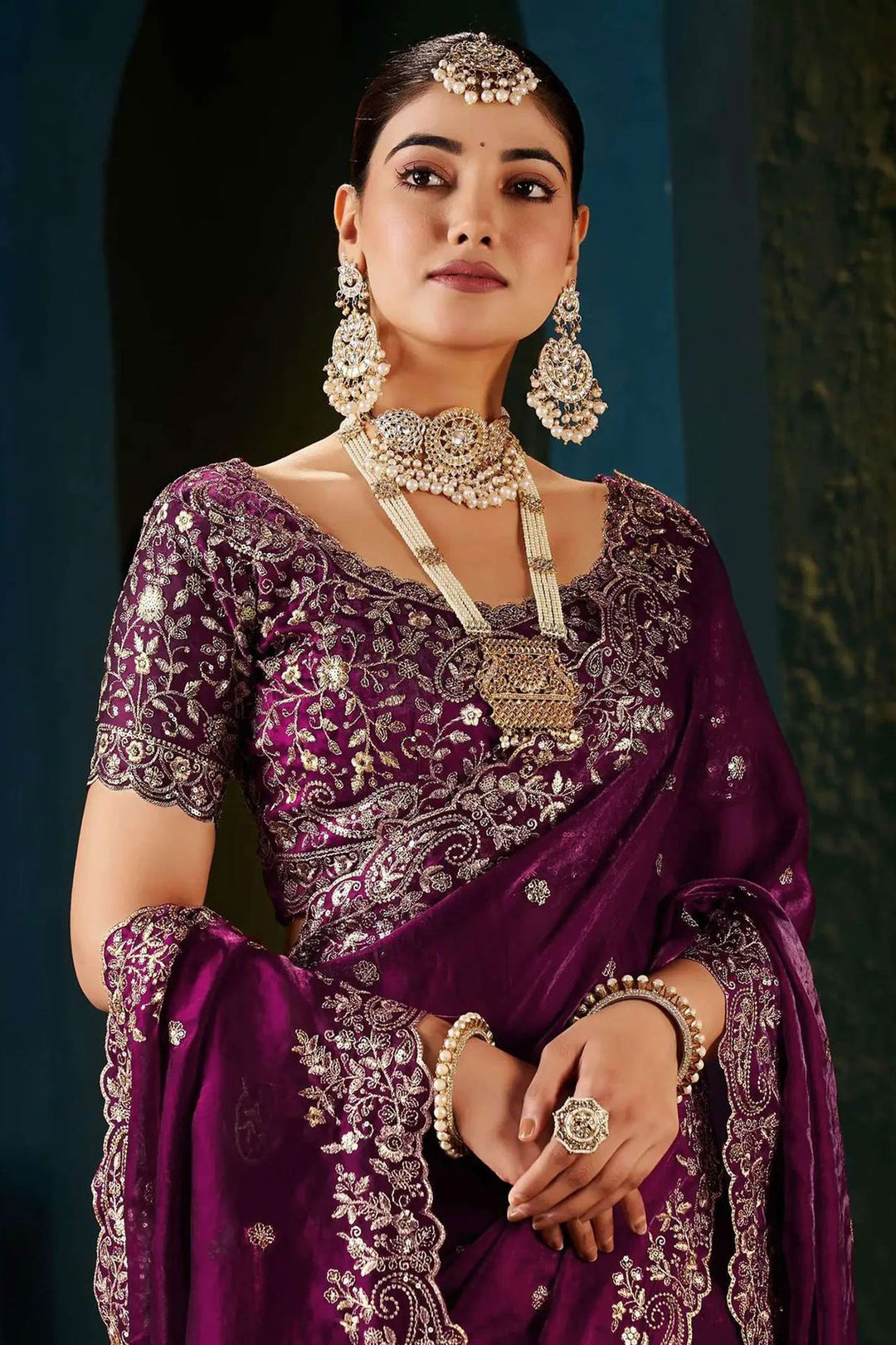 Embroidered Work On Wine Color Amazing Satin Saree
