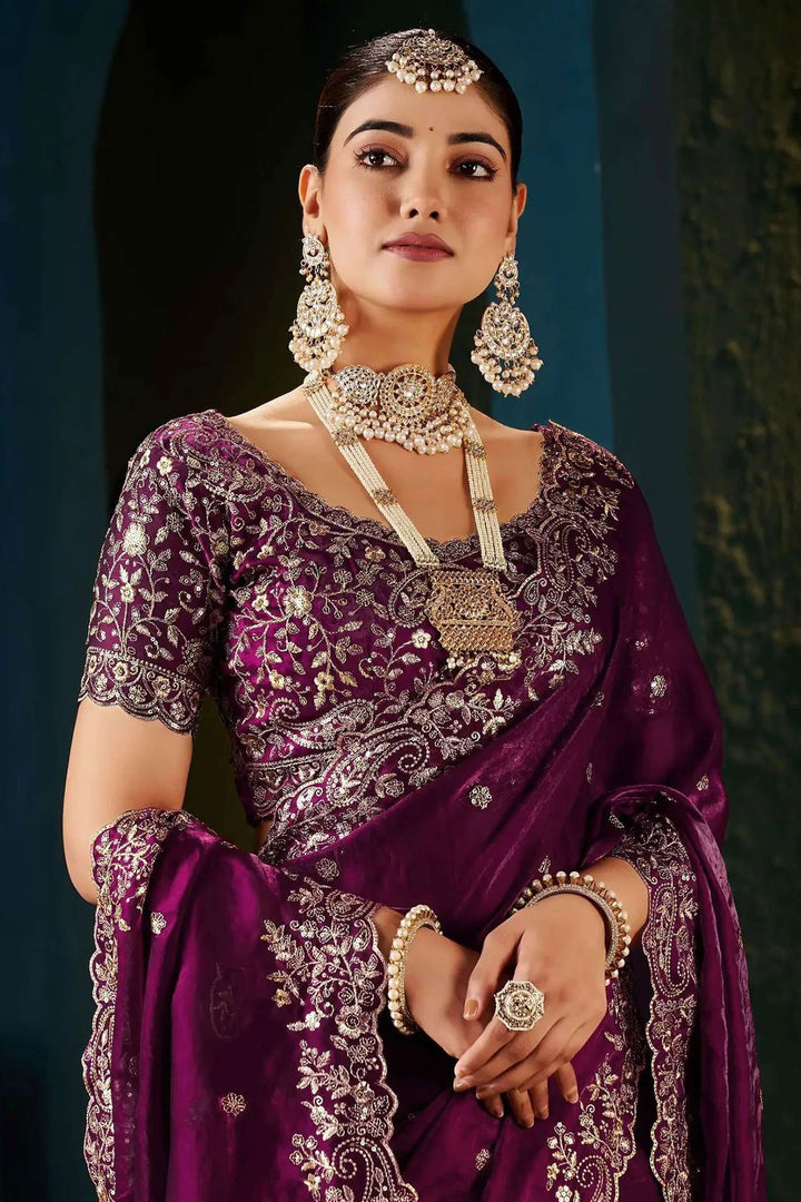 Embroidered Work On Wine Color Amazing Satin Saree