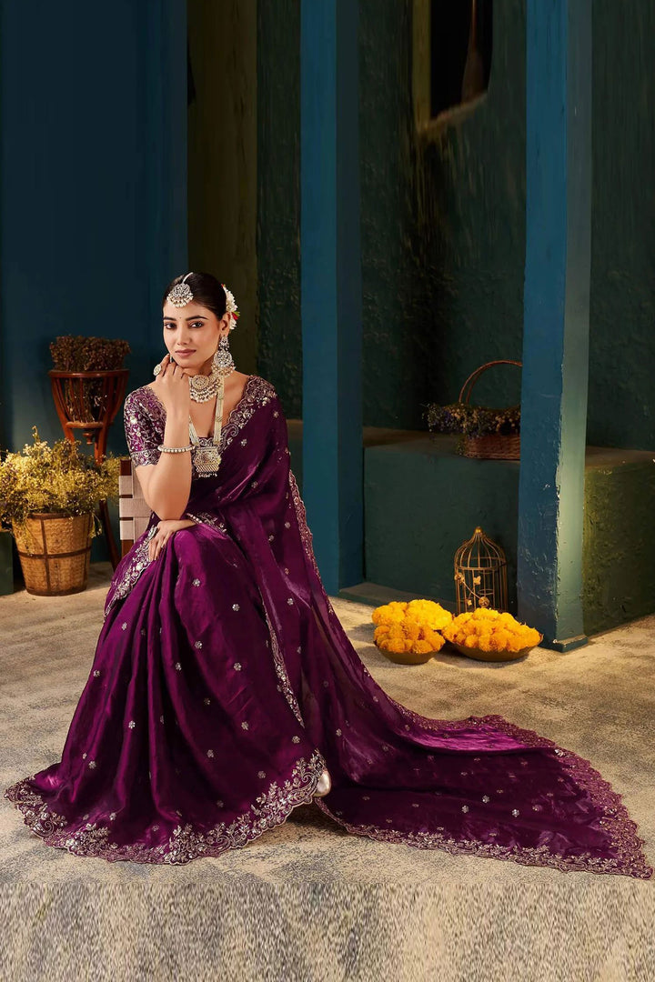 Embroidered Work On Wine Color Amazing Satin Saree