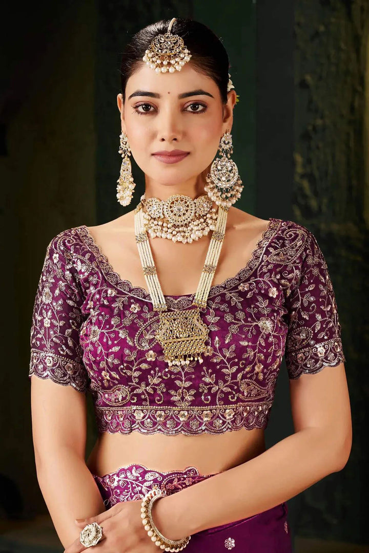Embroidered Work On Wine Color Amazing Satin Saree